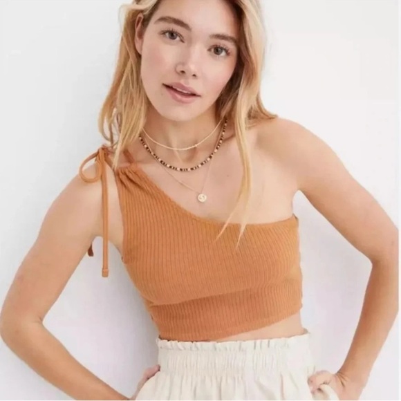 Aerie Rebel Tie Cropped Knitted One Shoulder Ribbed Tank Top - Picture 1 of 7